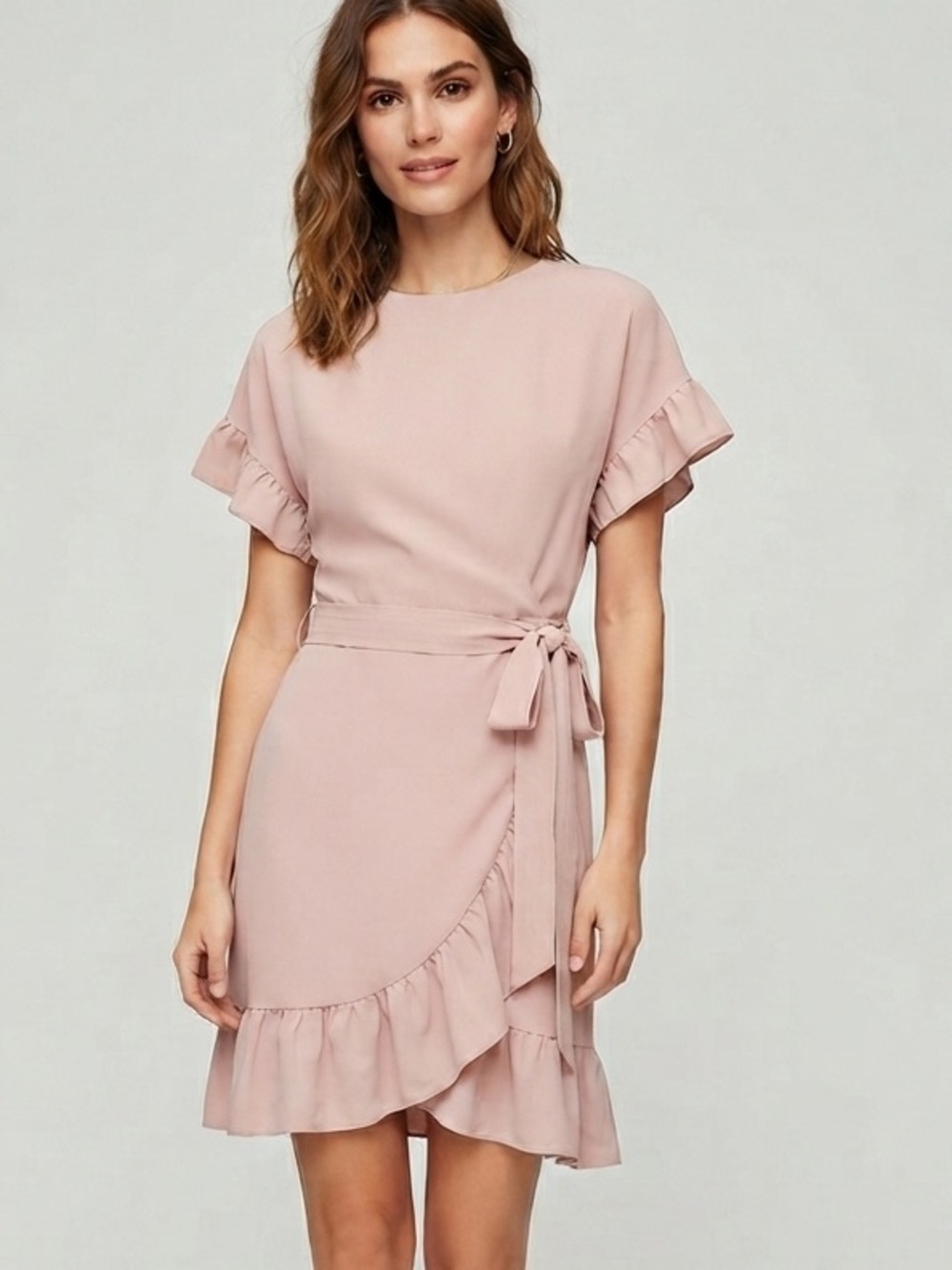 Wilfred NWOT Dusty Pink Ruffle Tie-Wrap Mini Dress Size L